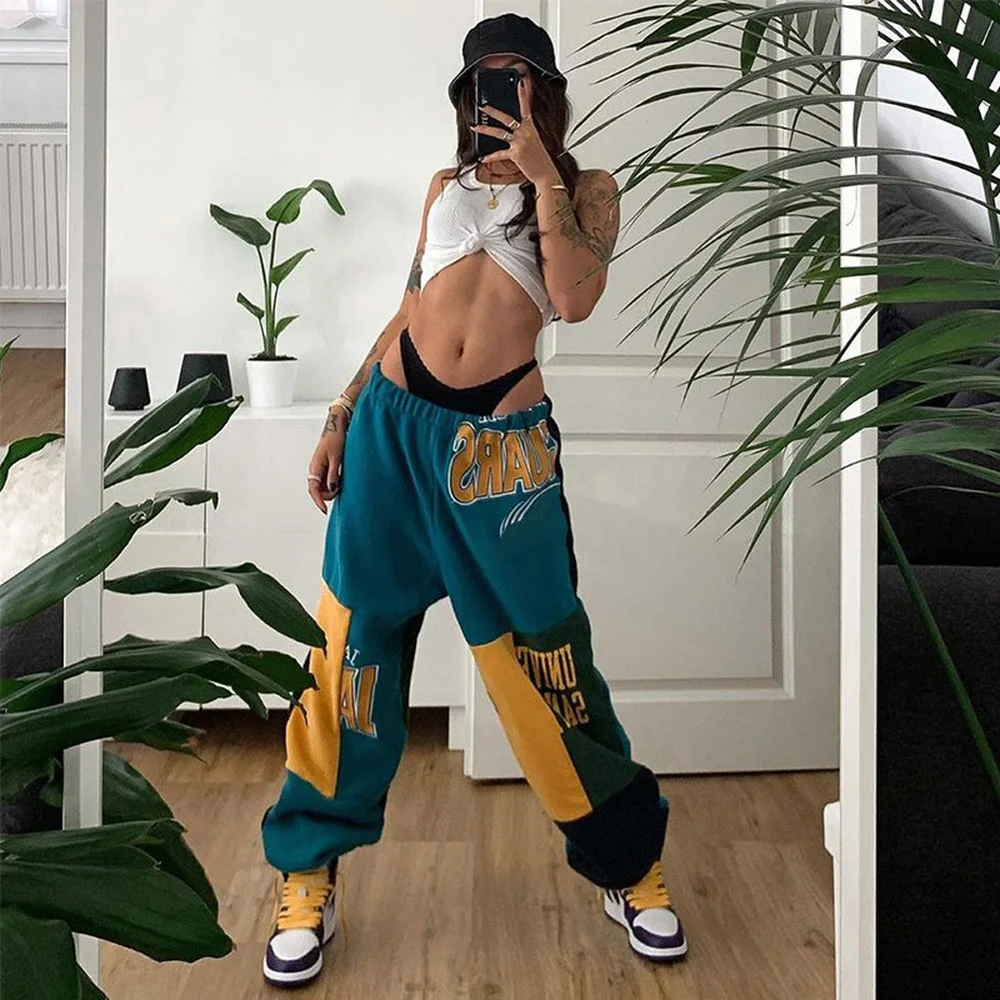 

Streetwear Contrast Color Splicing Loose Jogger Pant Women Fashion Elastic Waist Loose Sporty Sweatpant Hip Hop Y2K Trousers