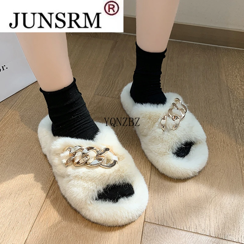 

YQNZBZ 2022 NEW Summer Fluffy Women Slippers Gold Chain Fur Fox Flip Flop Flat Slides Indoor House Shoes Zapatillas Mujer