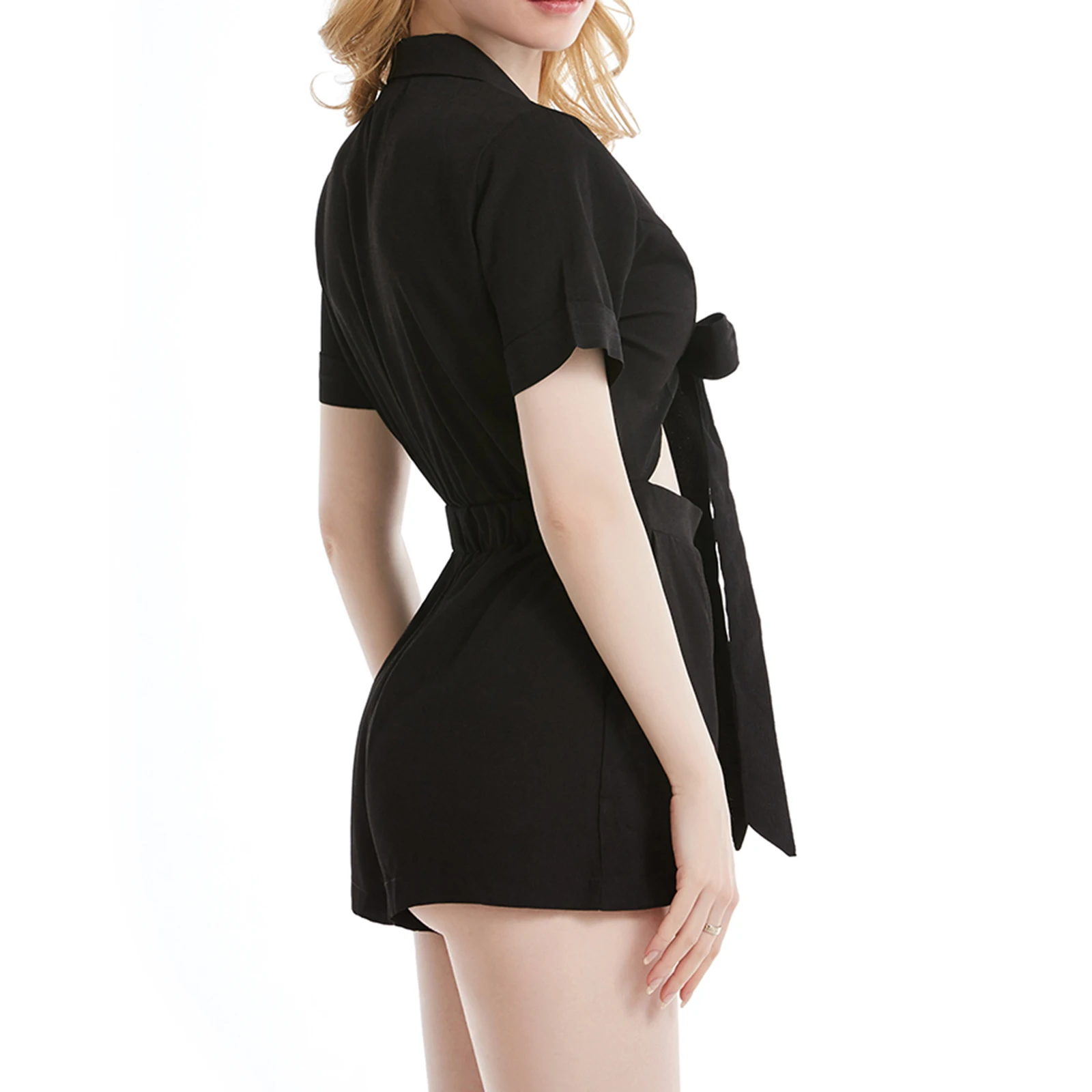 Summer Playsuit Women Sexy Short Sleeve V Neck Self Tie Front Pockets Shorts Romper Jumpsuit Playsuits Fashion Womens' Jumpsuits