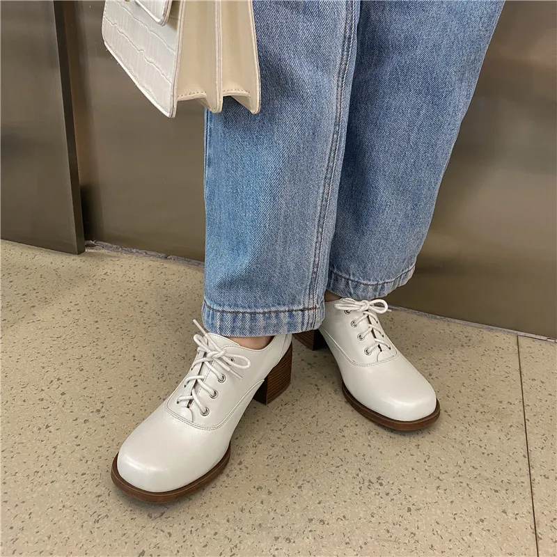 

MoonMeek 2021 New Genuine Leather Shoes Women Fashion Lace Up Casual Single Shoes Spring Autumn Solid Color Ladies Pumps