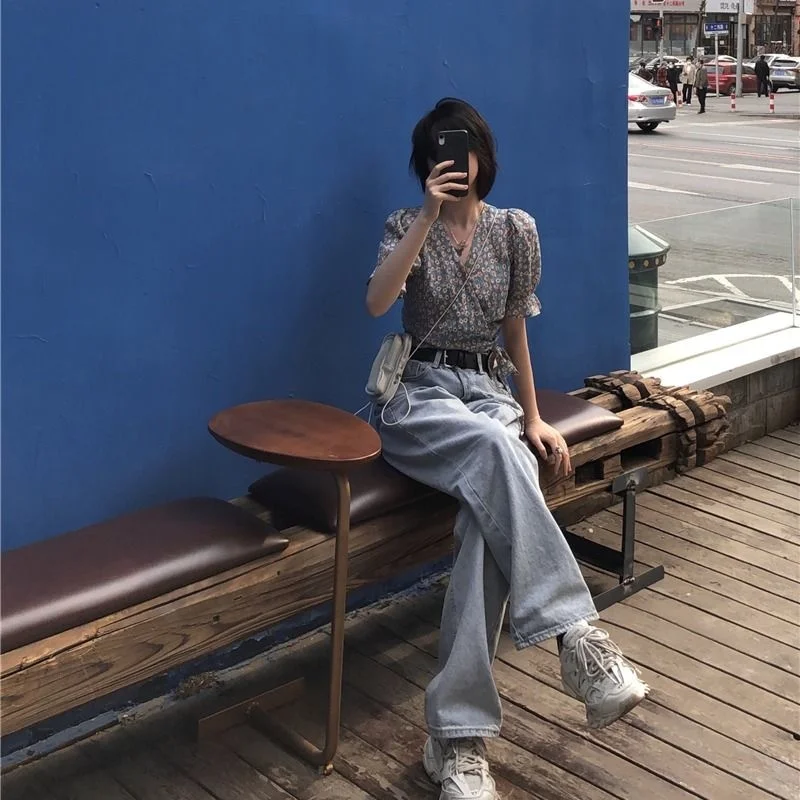 

Женская шифоновая рубашка, летняя свободная короткая блузка с рукавами-фонариками и высокой талией с V-образным вырезом