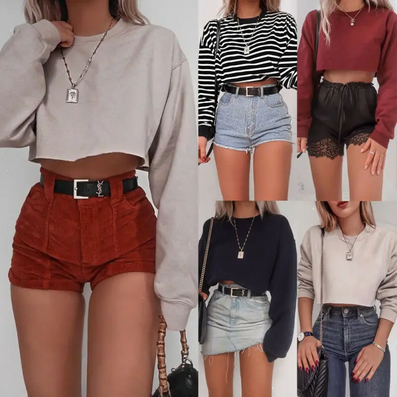 Осенний Женский Топ с длинным рукавом и круглым вырезом хлопковый Однотонный