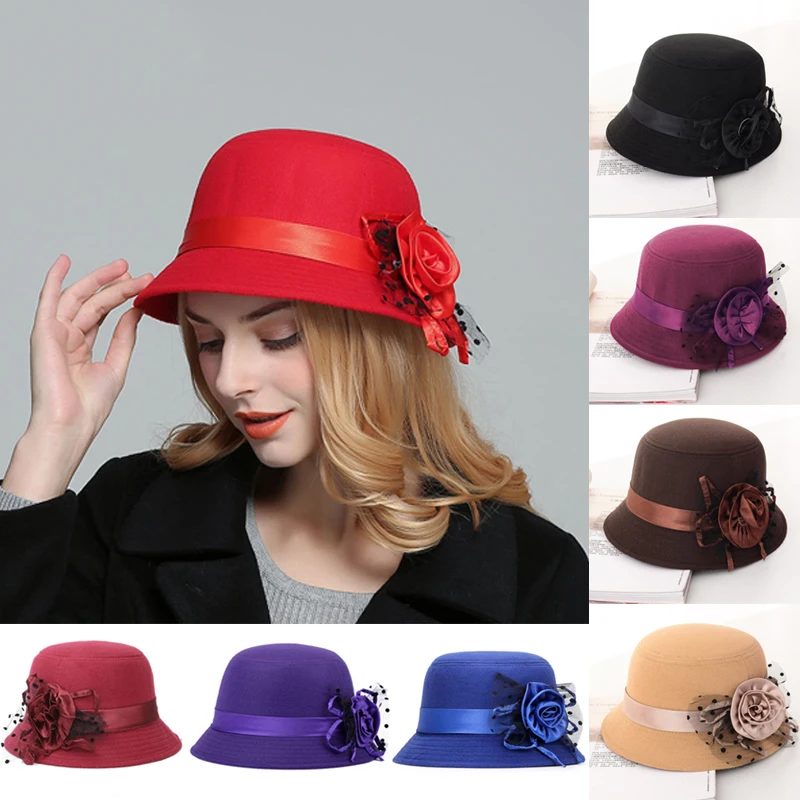 

1PCS casual ladies top hat autumn and winter British woolen hat retro lady solid color artificial wool big brim hat S78