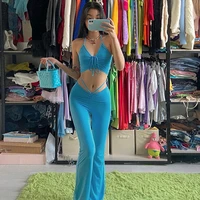 2021 summer womens suit new solid color pleated camisole waistband leggings two piece casual suit solid color trousers
