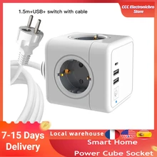 Smart Home Power Cube Socket EU Plug Socket 4 Outlets 2 USB Ports Adapter Power Strip Extension Adapter Multi Switched Sockets