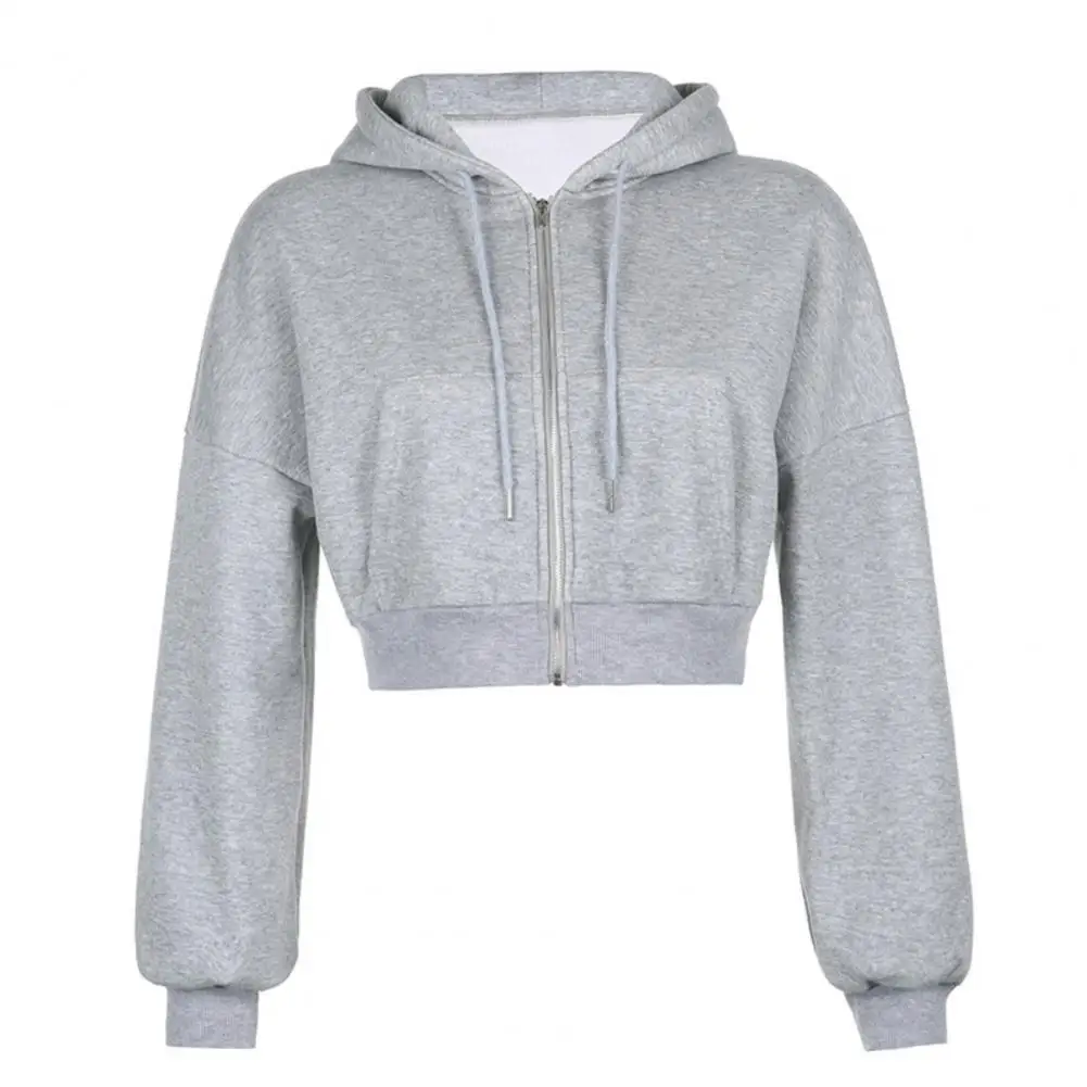 Women Long Sleeve Solid Color Pocket Crop Top Plush Warm Zipper Coat Hoodie