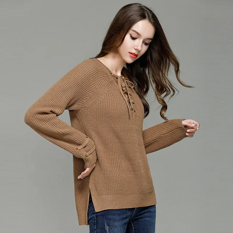 Girls Autumn Thin Knitted Top Ladies Fashion Spring V-neck Long Sleeve Lace Up Big Size Red Wine Sweater Pullover Women Knitwear | Женская