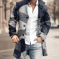 men autumn long coat geometric color block print button lapel fashion office winter jacket casual wool coats oversized new