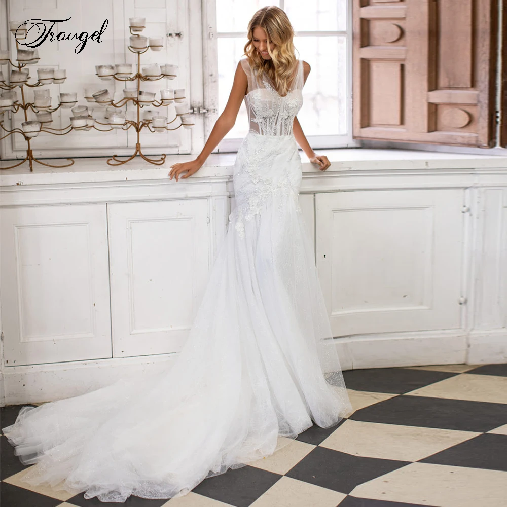 

Traugel V-Neck Mermaid Lace Wedding Dresses Elegant Appliques Sleeveless Backless Bride Dress Court Train Bridal Gowns Plus Size
