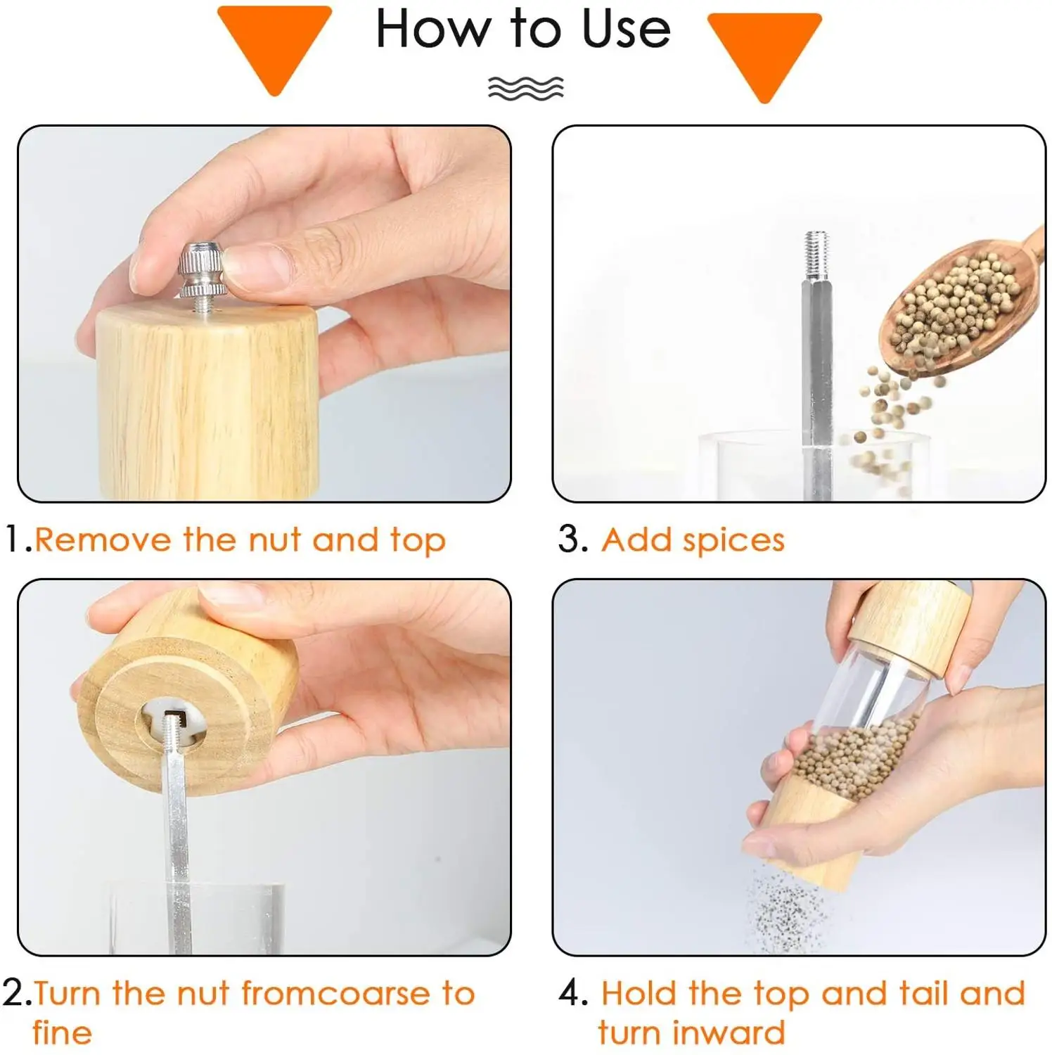 Деревянная мельница для соли и перца ручная с акриловыми видимыми окнами