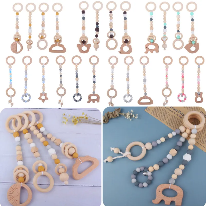 

3/4 Pcs Baby Gym Frame Beech Wood Ring Baby Fitness Rack Pendants Silicone Beads Teether Newborn Stroller Rattle Play Gym Toys