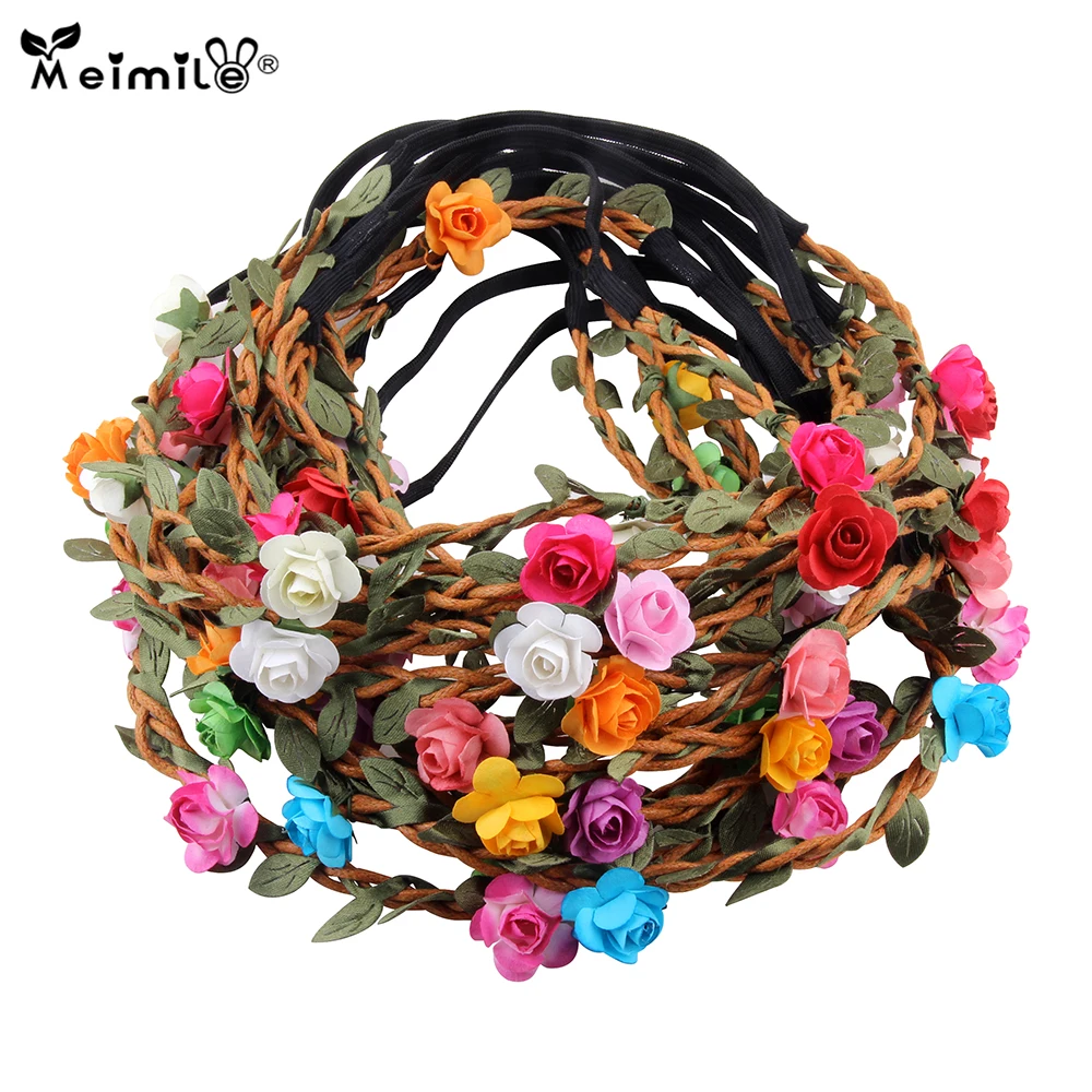 

Meimile women flower wreath headband garland headwear for wedding rose flower hairband for girls weaving leaves