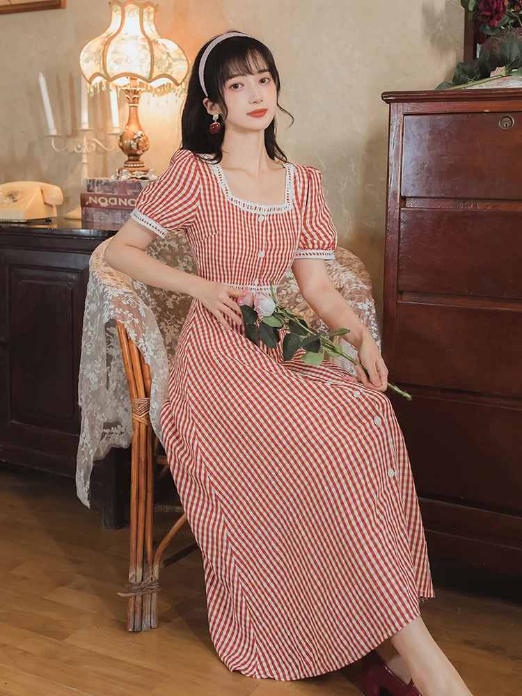 

Gentle Elegant Striped Cheongsam Dress Sweet Qipao Puffed Sleeves Long Square Collar Party Dress Birthday Gifts For Women