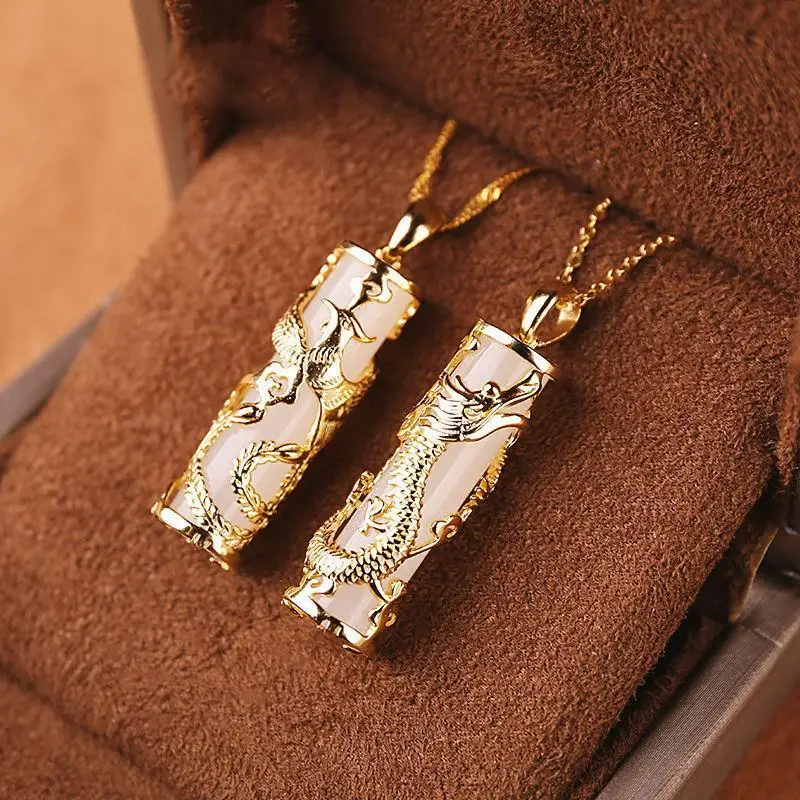 

Gold Inlaid with Jade Dragon and Phoenix Pendant Couple Jade for Men and Women Natural Jade Hotian Jade Pendant Jade Necklace