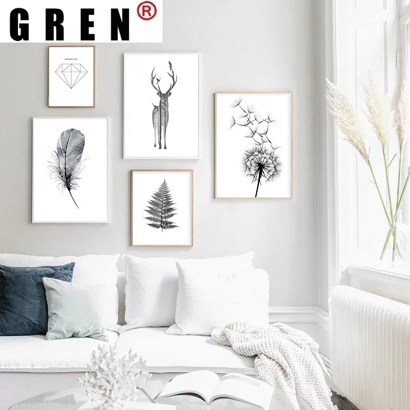 GREN скандинавский Черный Белый олень Одуванчик Картина на холсте Художественная