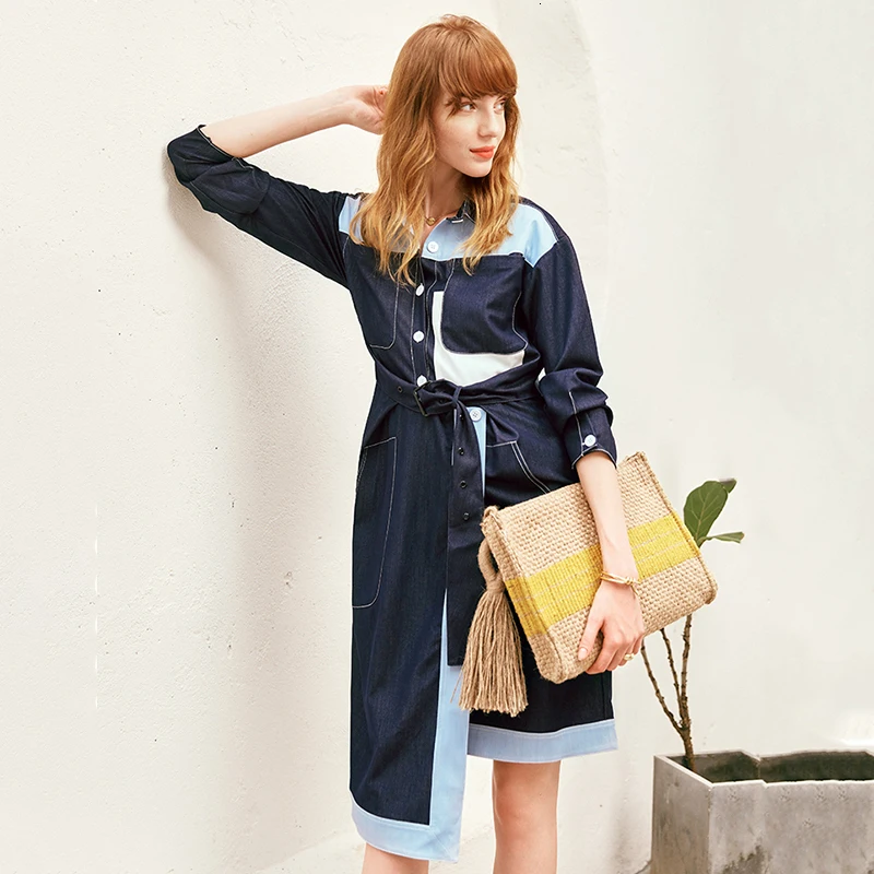 [EAM] Новинка, Осень-зима, с отворотом, длинный рукав, хит, цвет, деним, с разрезом, свободные, необычные, платье-рубашка, женская мода, JW518