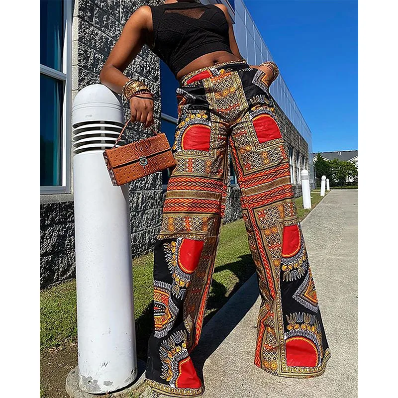 

New Women Boho Pants High Waist Wide Leg Lounge Pants With Pockets Elegant Vintage Trendy Female Harajuku Leisure Loose Trousers