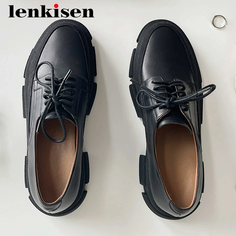 

Lenkisen preppy style full grain leather platform handmade round toe thick med heel lace up pretty girls modern women pumps L29