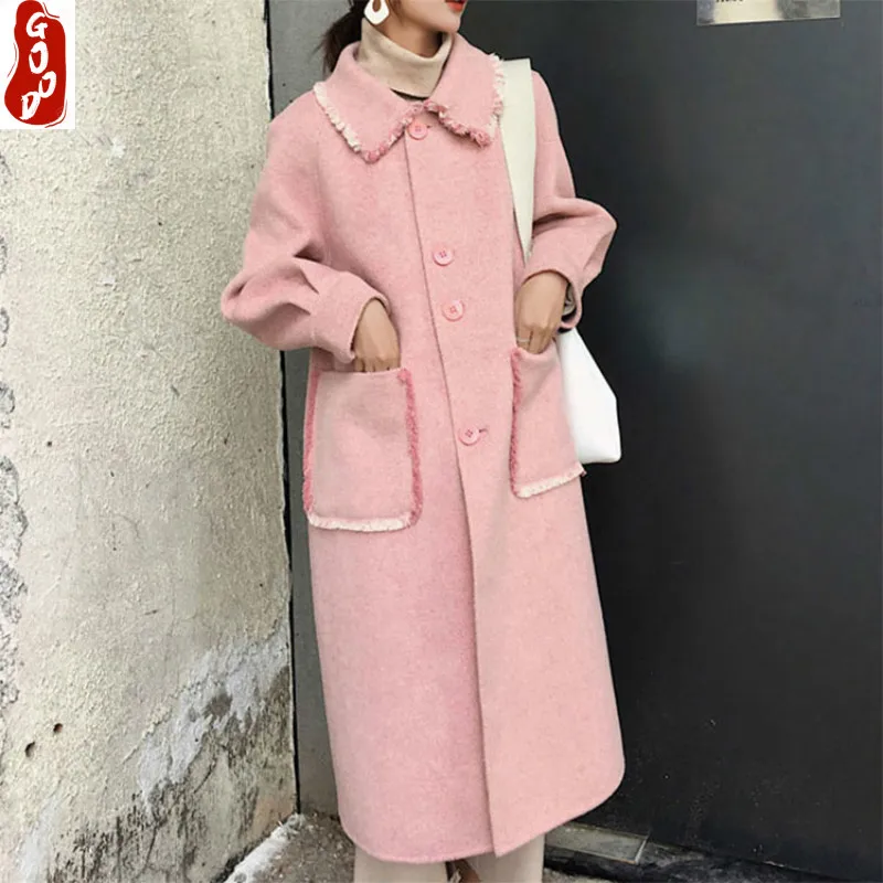 

Autumn Winter Woman Coats 2021 Korean Elegant Tassel Pink Wool Jacket Casual Both Side Cashmere Long Coat Abrigos LW857