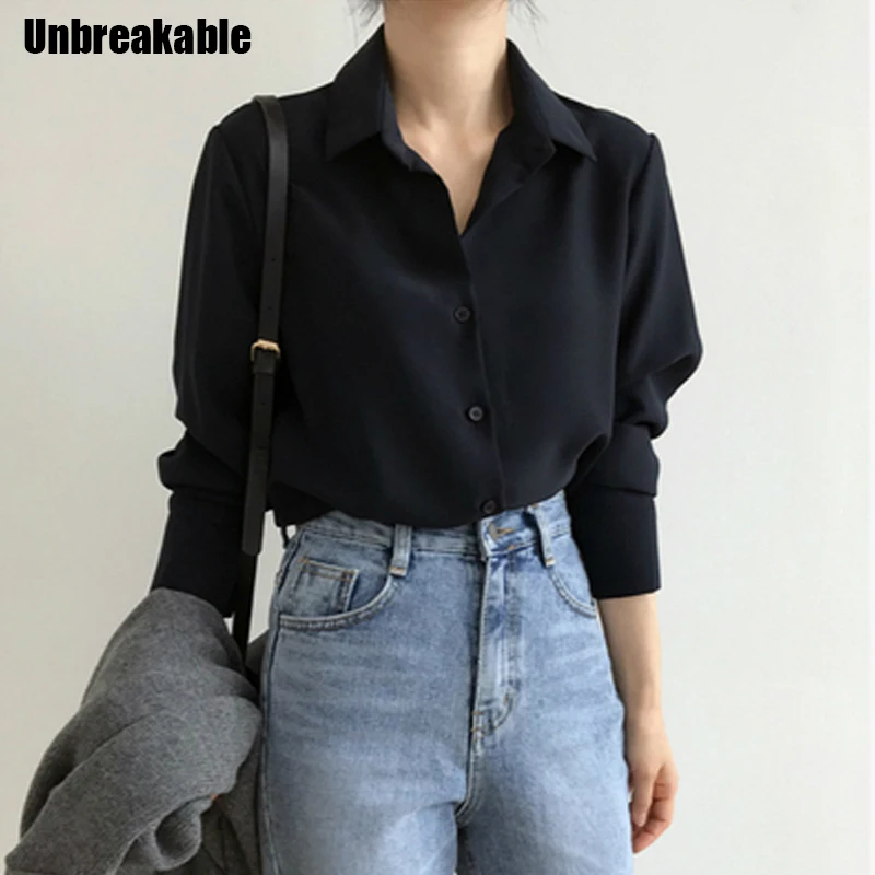

Блузка женская шифоновая с длинным рукавом, однотонная черная Повседневная рубашка, шикарные топы в Корейском стиле, лето 2020