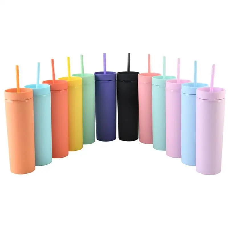 

In Stock 16oz Acrylic Skinny Tumblers Matte Colors Double Wall Water Bottle Coffee Drinking Plastic Tumbler Sippy Cup With Straw