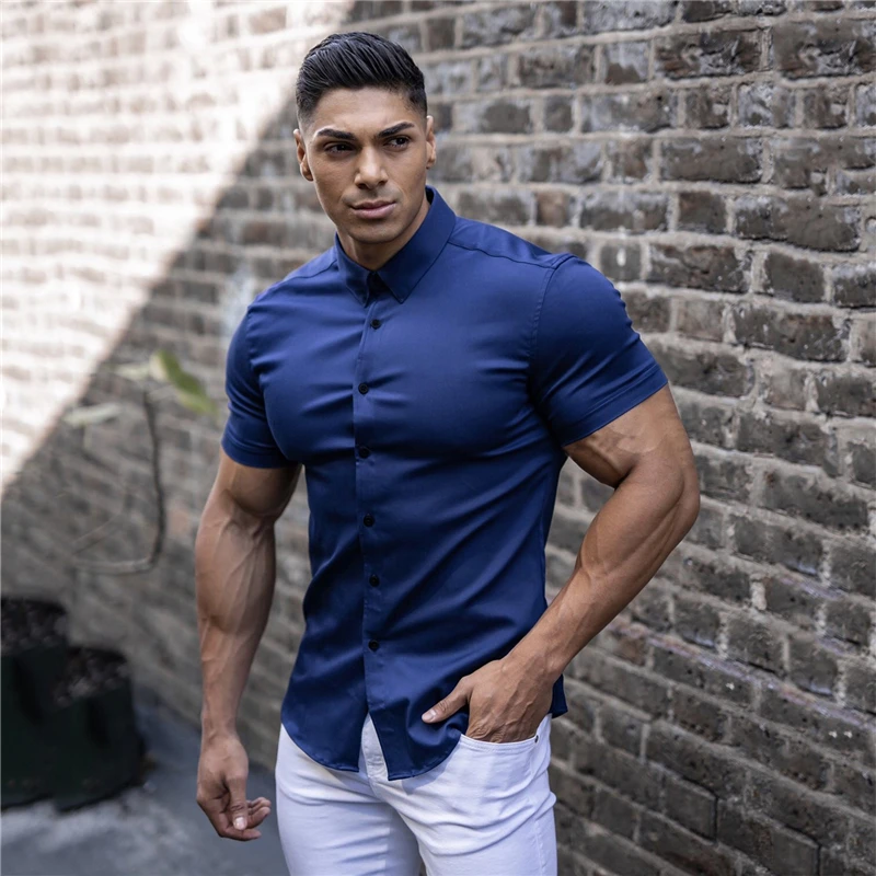 

Mens Blouse Fashion Short Sleeve Shirt Casual Super Slim Fit Male Solid Social Business Dress Shirts Gym Fitness Sports Clothing