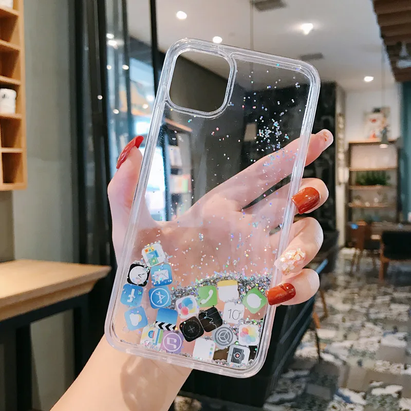 

Anti-Knock Dynamic Quicksand Case For iPhone 11 Pro X XR XS MAX App Icon Glitter Silicone Hard Cover For iPhone 8 7 6 6s Plus