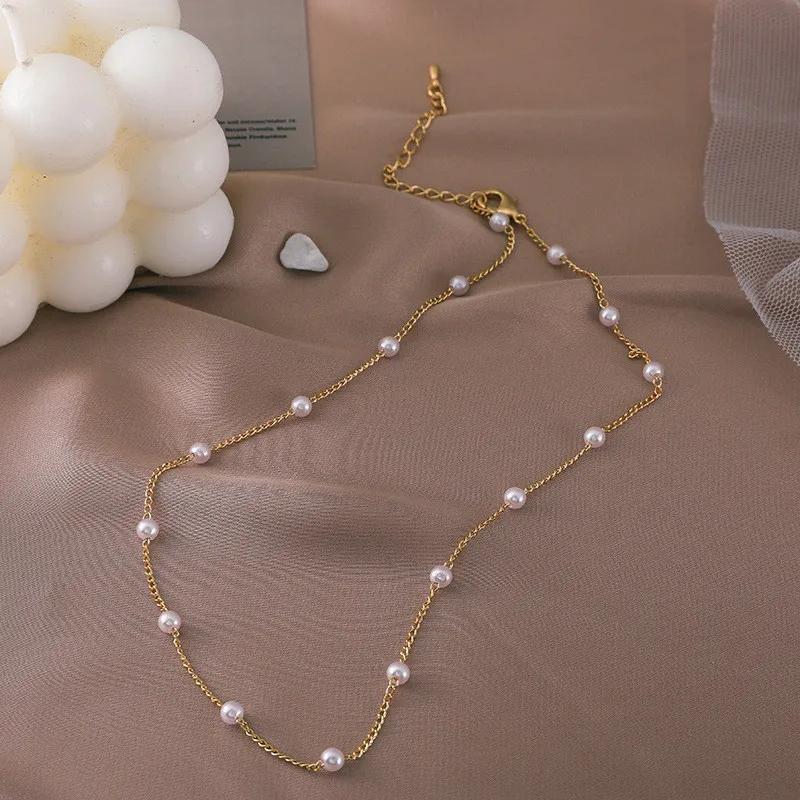 

Cute Female White Pearl Pendant Necklace Classic Gold Color Chain Necklaces For Women Simple Bridal Ball Wedding Necklace