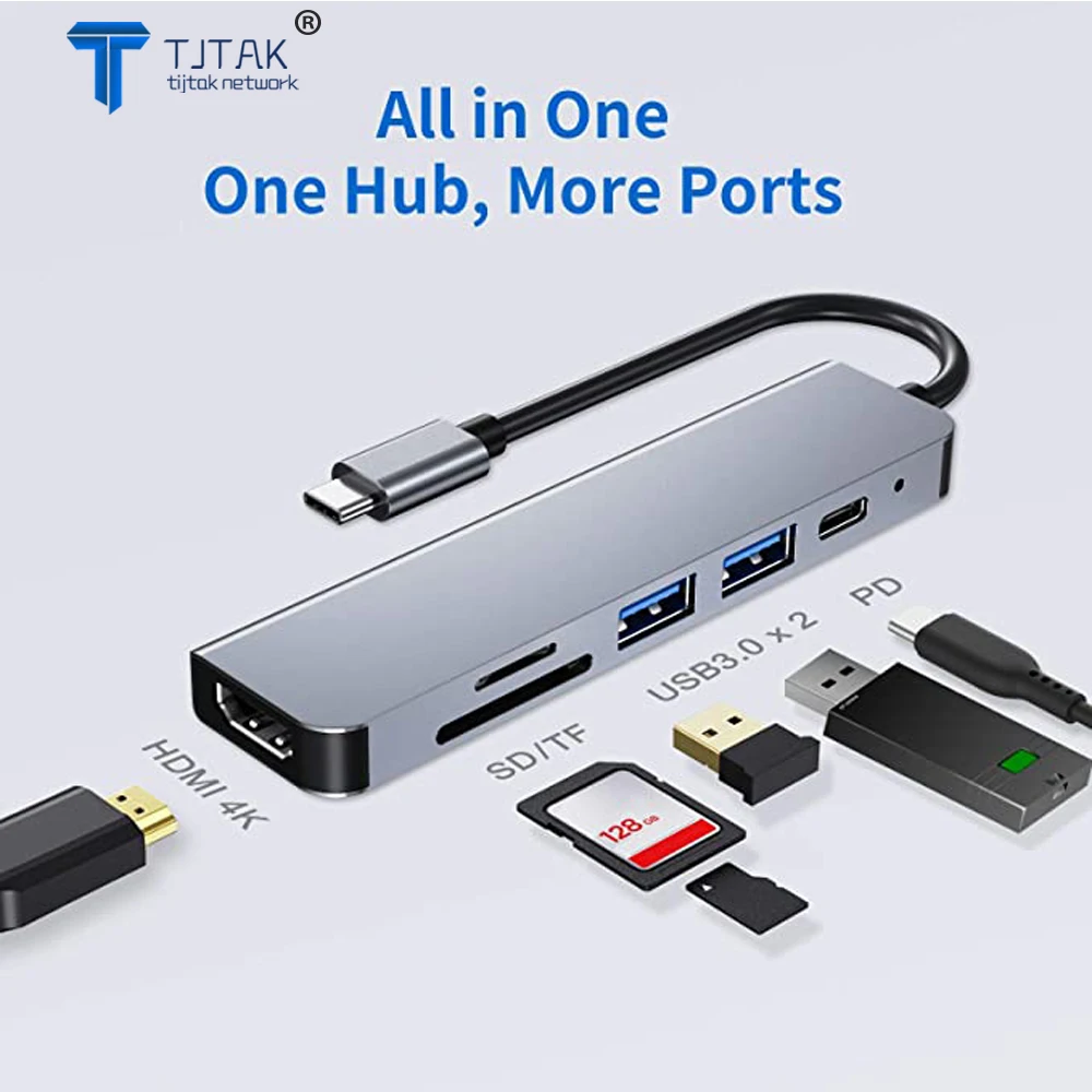 

6 in1Type C USB C Hub 3.0 to HDMI 4K Video USB3.0 SD/TF MicroSD Card Reader Splitter PD 3.0 Hub for PC Laptops Switch MacBook