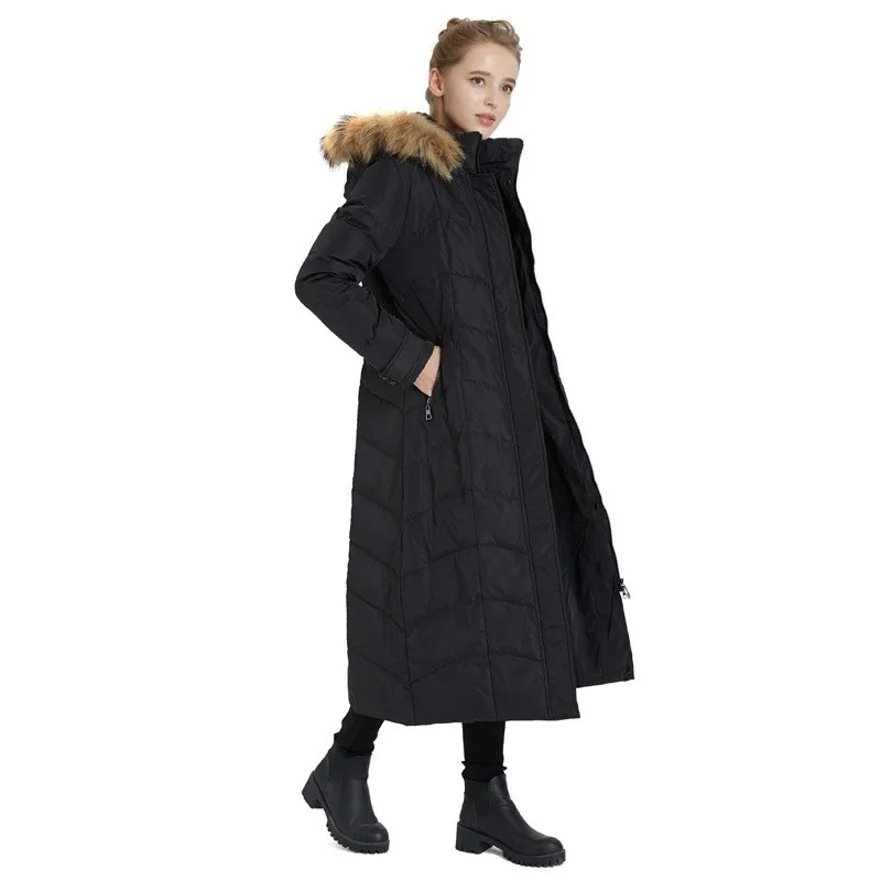 

42-100 кг куртка на утином пуху большого размера с большим меховым воротником Женская верхняя одежда на молнии для женщин Черное длинное пальт...