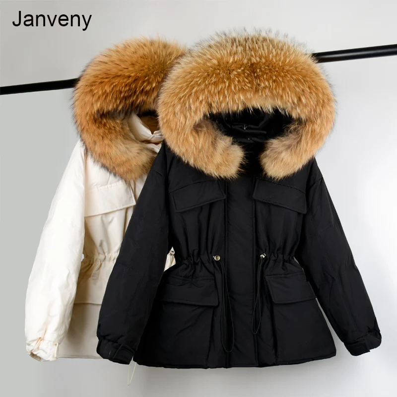 

Janveny Huge Raccoon Fur Hooded 2021 Women Down Coat Winter Feather Puffer Parkas Female Short 90% Duck Down Jacket Snow Outwear