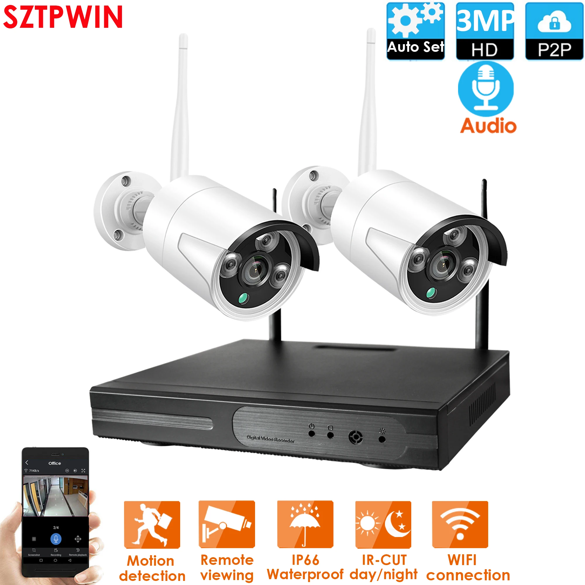 

Plug and Play 2CH 3.0MP HD Wireless NVR Kit P2P 3.0MP Indoor Outdoor IR Night Vision Security 3.0MP IP Camera WIFI CCTV System