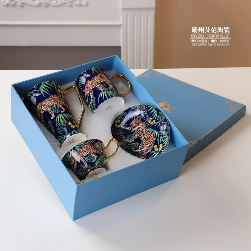 

Jungle Animal Bone China Coffee Cup and Saucer Set Spoon European Style Luxury Home Afternoon Tea Set Restaurant Supplies 200ml