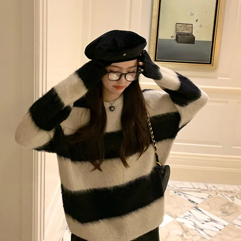 

Свитер 2021 Новинка женский ретро ленивый корейский Черный Полосатый свободный осенний вязаный Топ