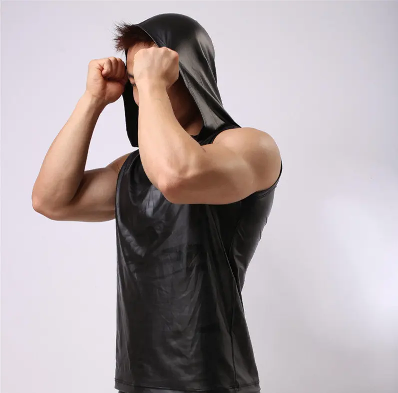 Yufeida мужской черный жилет из искусственной кожи с капюшоном без рукавов мужское