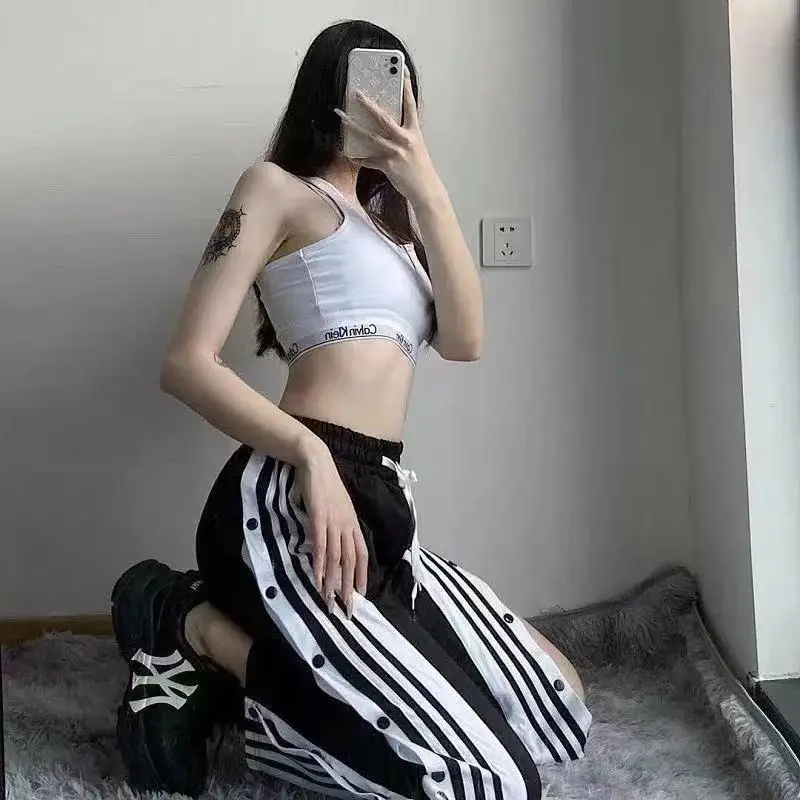 

Summer Women's Pants Harajuku Button Patchwork Wide Leg Pant Streetwear Women Casual Women's Sports Pants Korean Fashion