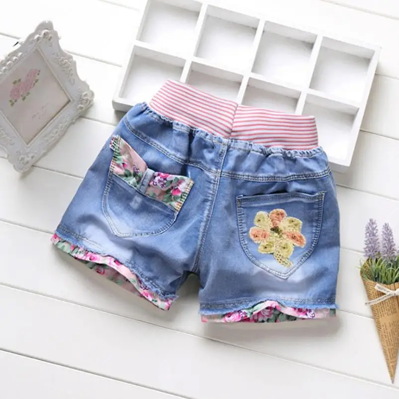 2021 New Girls Denim Shorts Summer Fashion Cute Love Floral Lace Wild Children's Pants Teen 3-13Y | Детская одежда и обувь