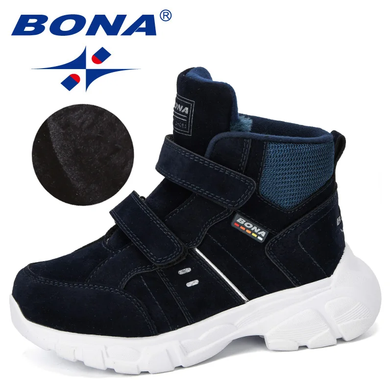 Deep blue BONA/Новинка года; дизайнерская детская обувь; уличные модные ботинки из флока; студенческие кроссовки; теплые бархатные детские зимние ботинки; удобные - Цвет: Deep blue