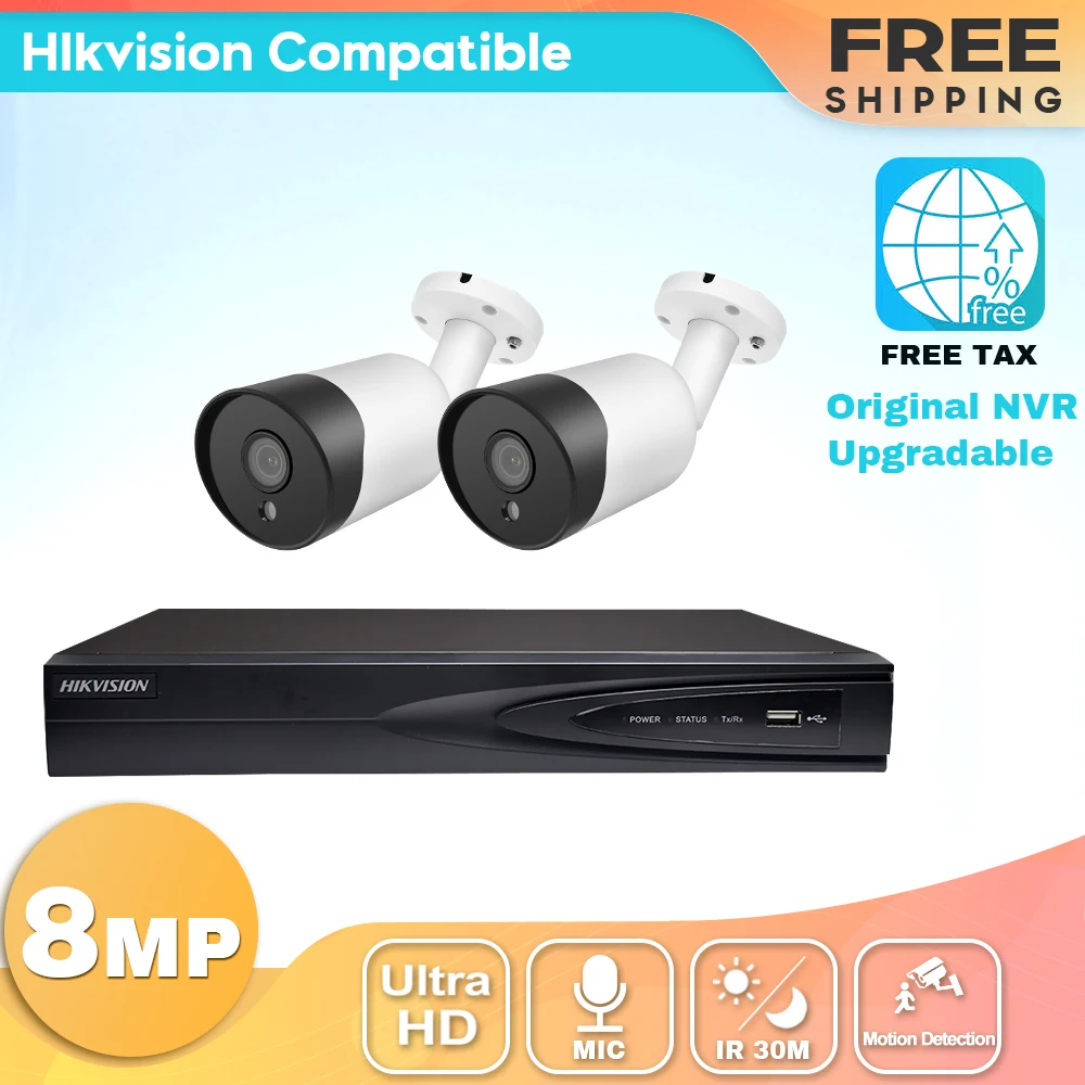 

Hikvision совместимые наборы 2 шт. 8MP POE IP Bulllet Camera & Hikvision Original NVR DS-7604NI-K1/4P камера безопасности 4K система видеонаблюдения