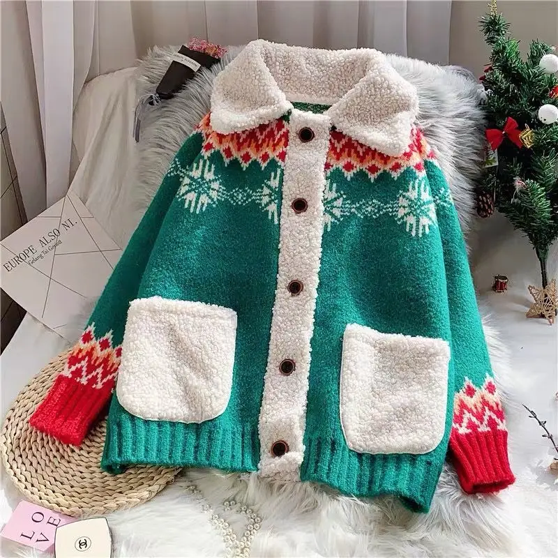 

New Year Christmas Sweater Cardigan Women Thickened Winter Knitted Coat Pull Femme Jumper Sueter Mujer Truien Dames Turtleneck