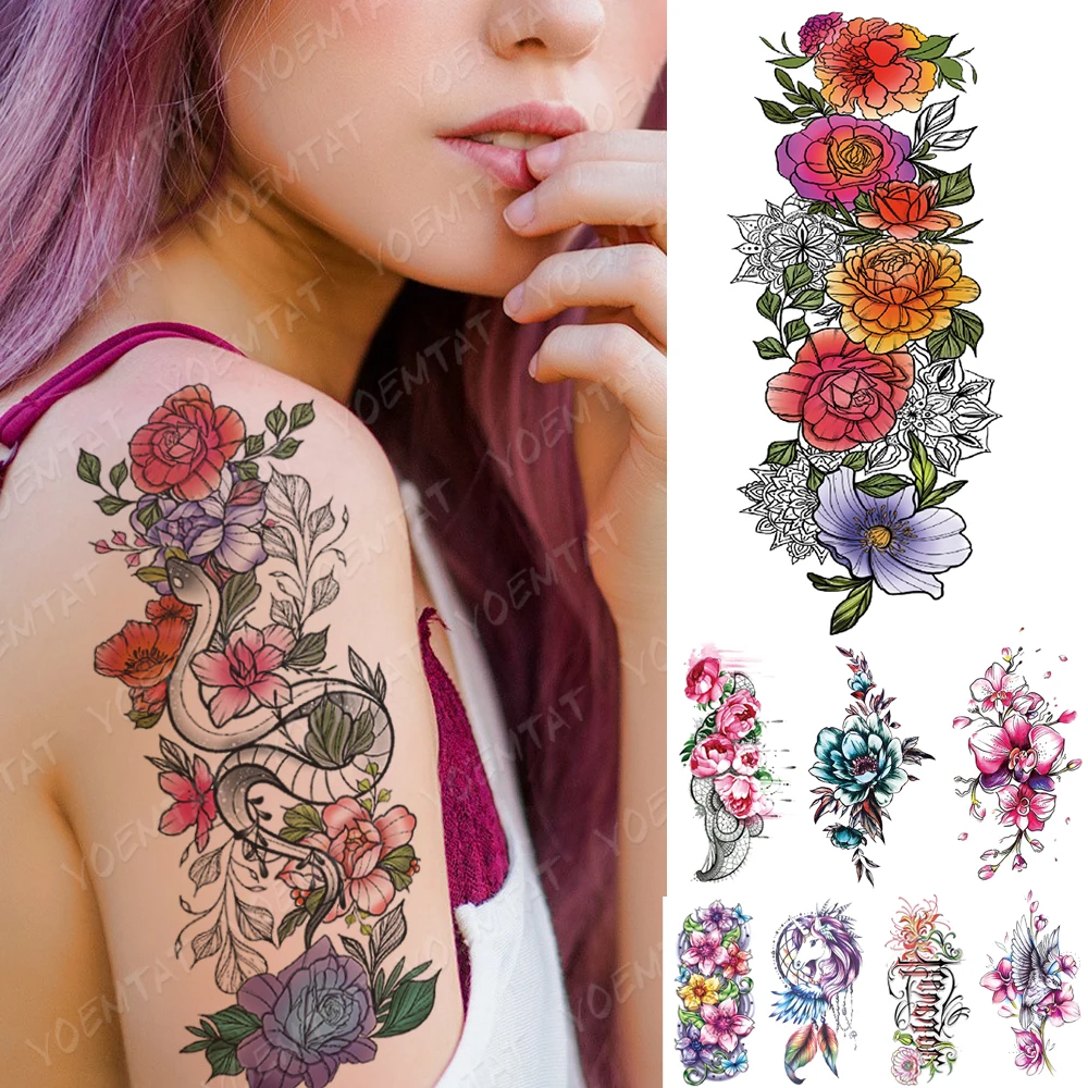 

Waterproof Temporary Tattoo Sticker Snake Rose Flower Fairy Flash Tattoos Unicorn Bird Body Art Arm Fake Sleeve Tatoo Women Men