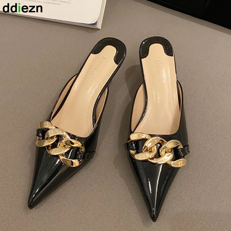 

Big Size Ladies Mules 2022 Metal Chain Woman Pumps Slippers Female Shoes For Women Sandals High Heels Pointed Toe Heeled Slides