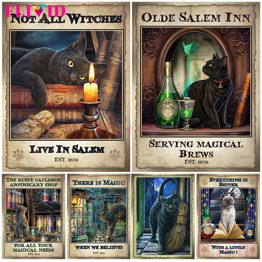 Винтажный постер ведьмы Салема в европейском стиле Постер и принты виде кота