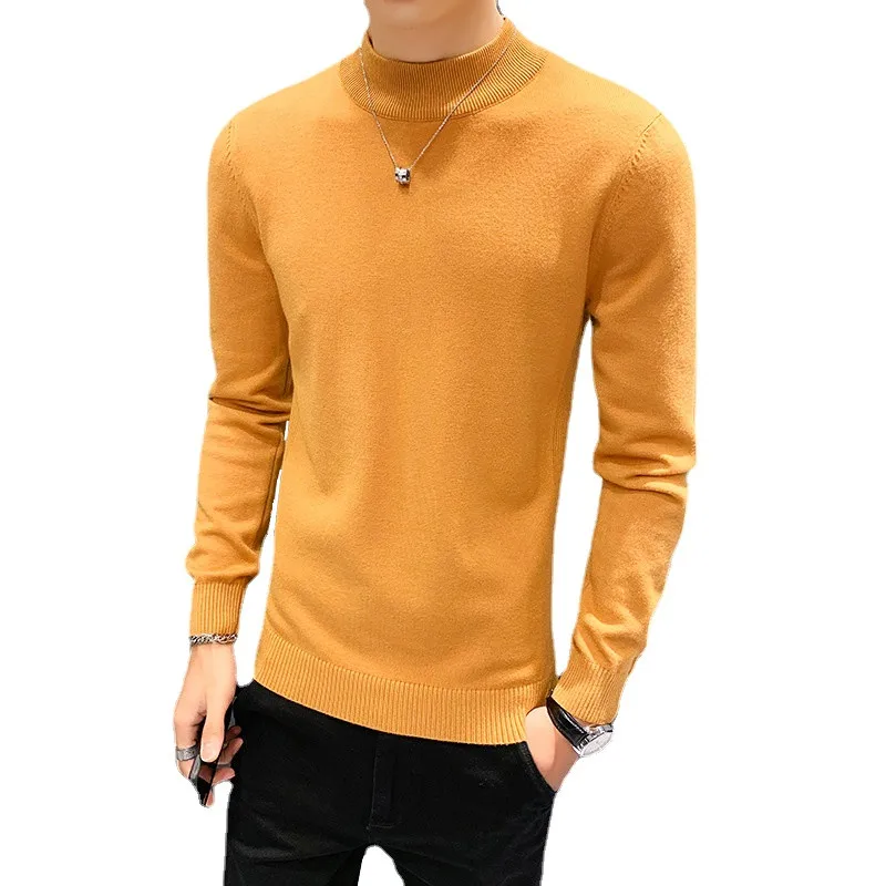 

2021 autumn winter men's fashion casual candy color half high neck wool pullover knit bottoming shirt men solid color sweater