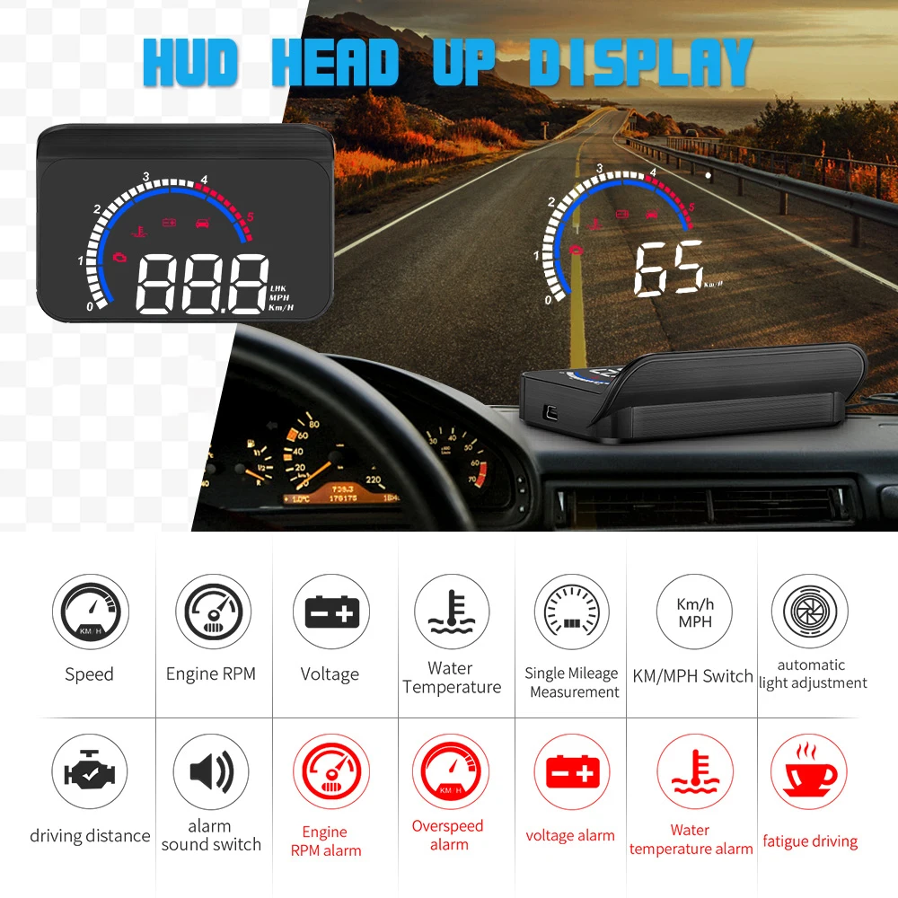 

Цифровой Автомобильный спидометр проектор на лобовое стекло HUD OBD2 Предупреждение о превышении скорости дисплей на лобовое стекло Температ...