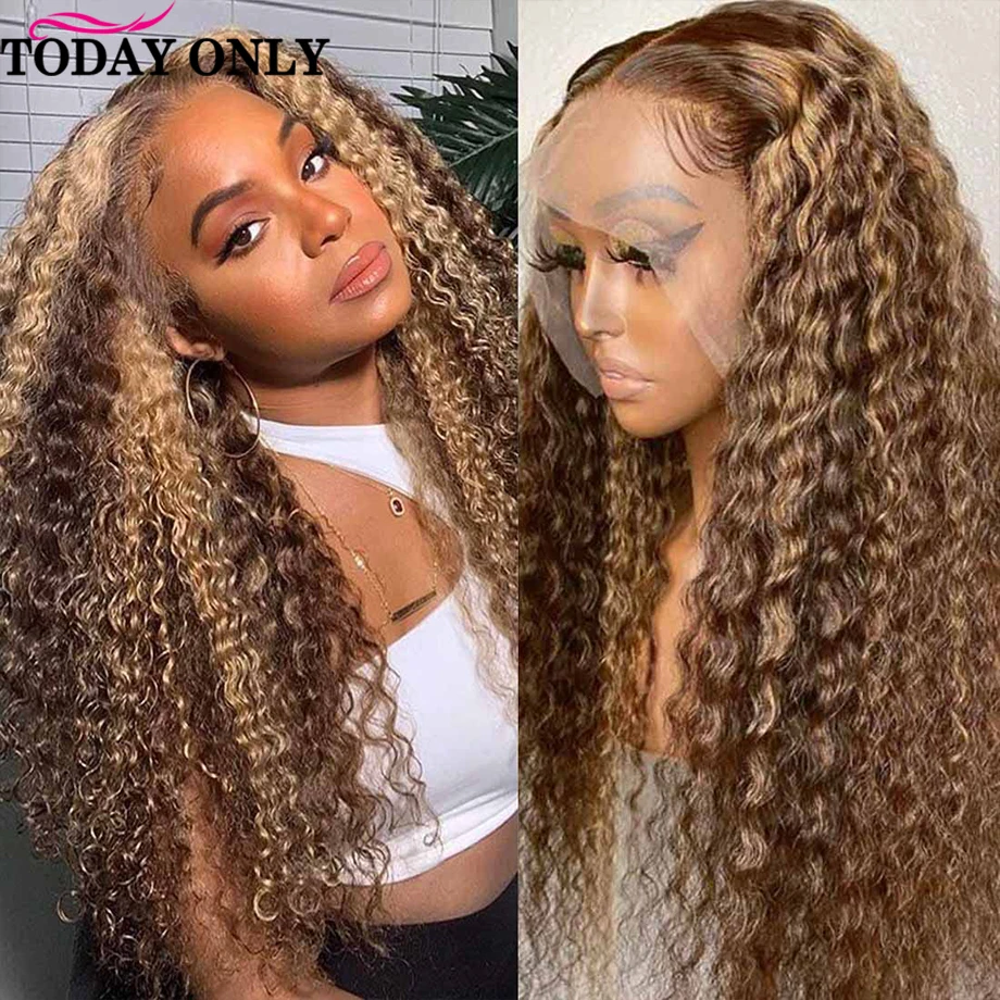 Highlight Wig Human Hair 13x4 Curly HD Lace Frontal Wig 180% Density Brazilian Honey Blonde Deep Curly Lace Front Closure Wig