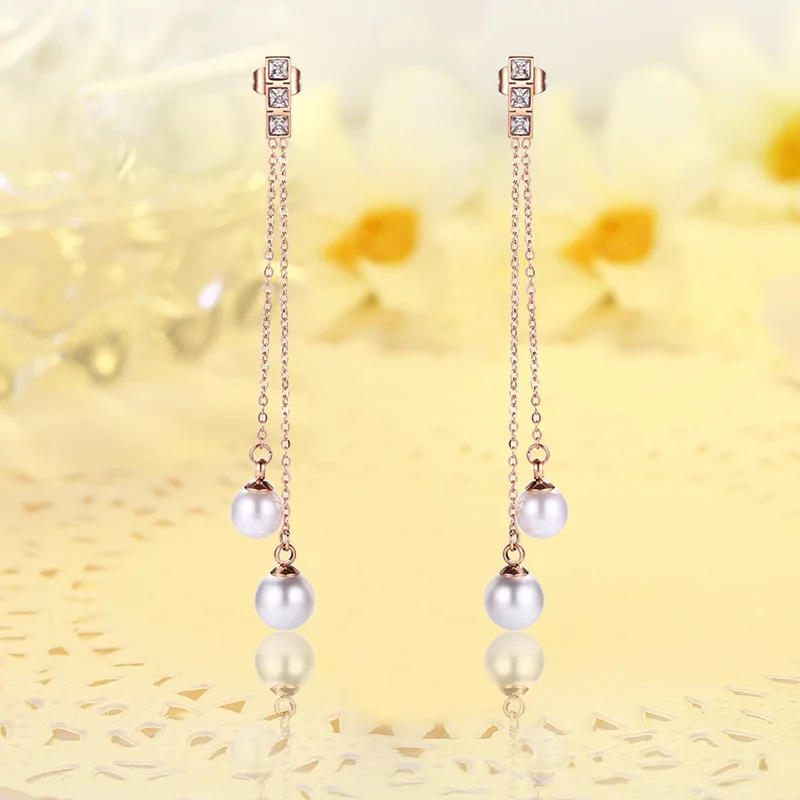 Длинные серьги с жемчугом из розового золота цветами и бахромой для женщин