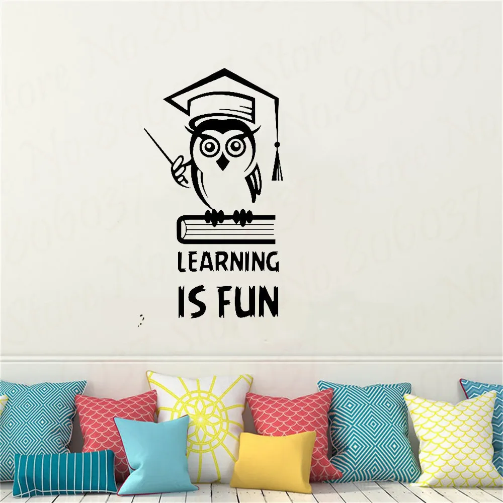 Learning Is Fun Inspirational Quote Wall Decal Education Owl Book Vinyl Sticker Kids Room Bedroom Decor School Decals WL1253 | Дом и сад