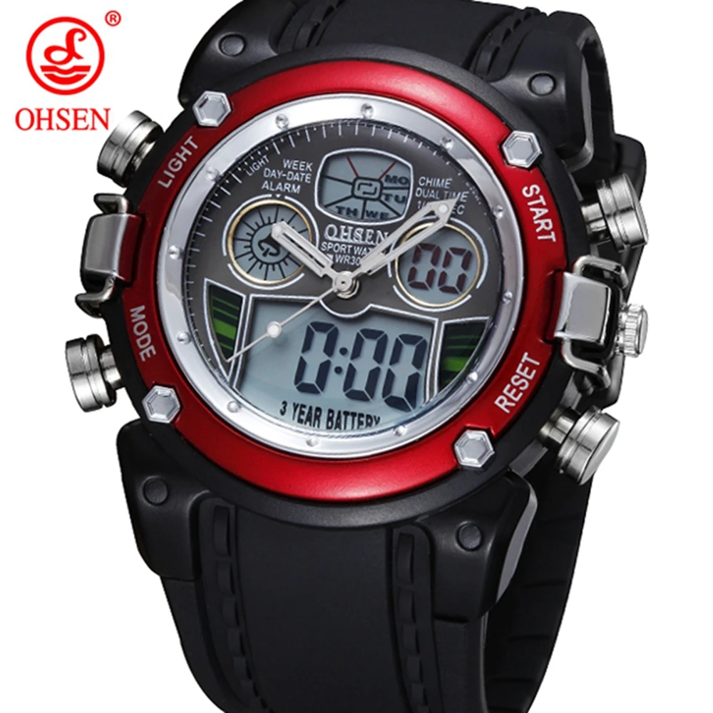 

Digital Quartz Men Waterproof Watch Alarm Stopwatch Dual Display Red Silicone man Wristwatch Fashion Military relogio masculino