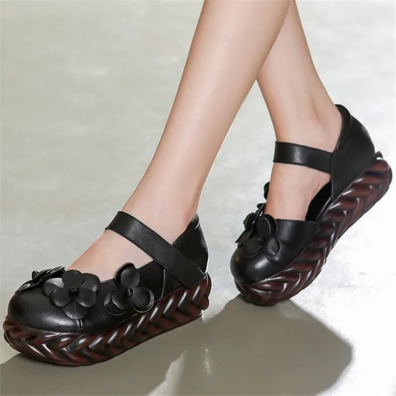 

2021 Classic Flower Top Cowhide Leather Shoes Women Platform Shoes Comfort High Heel Shoes Fashion Wedding Banquet Women Shoes
